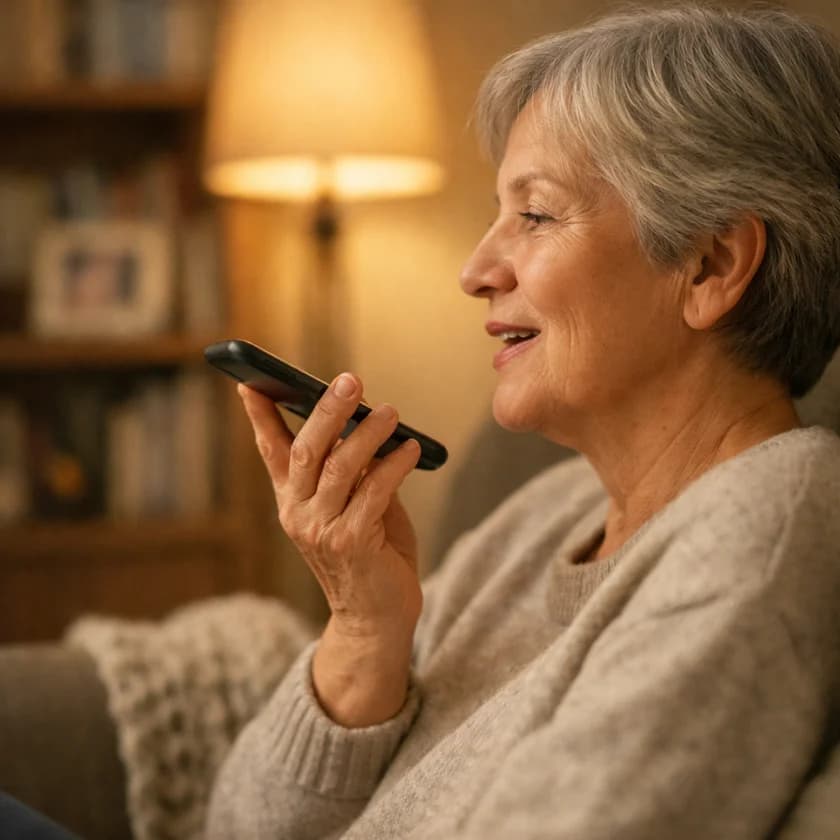 A person comfortably recording a memory on their phone from an armchair in their living room